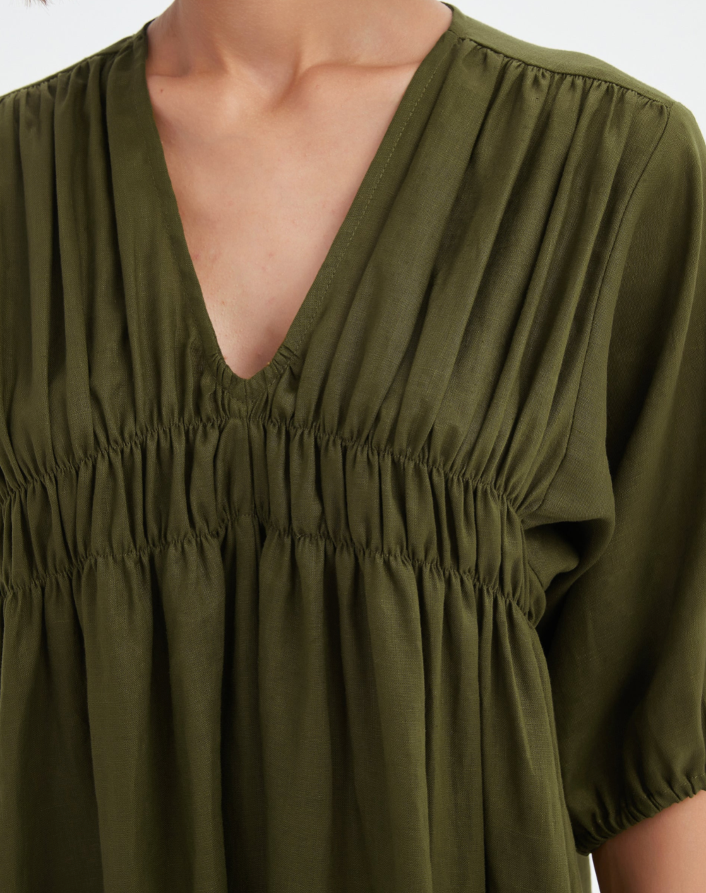 Puff Sleeve Gather Front Dress - Dark Moss