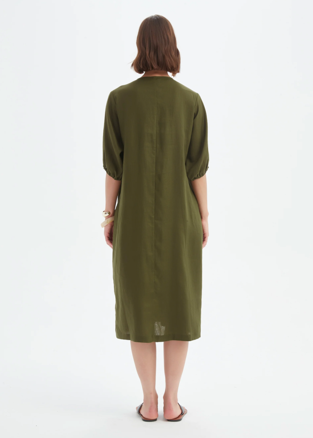 Puff Sleeve Gather Front Dress - Dark Moss