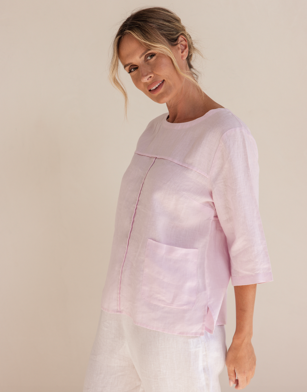 Linen 3/4 Sleeve Seam Detail Top - Pink