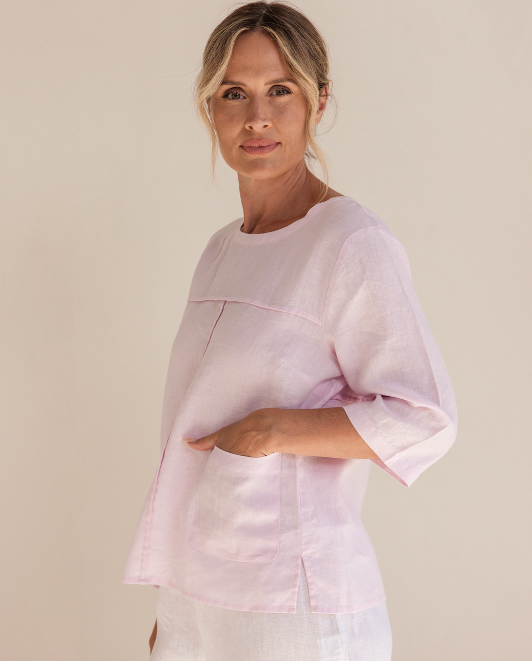 Linen 3/4 Sleeve Seam Detail Top - Pink