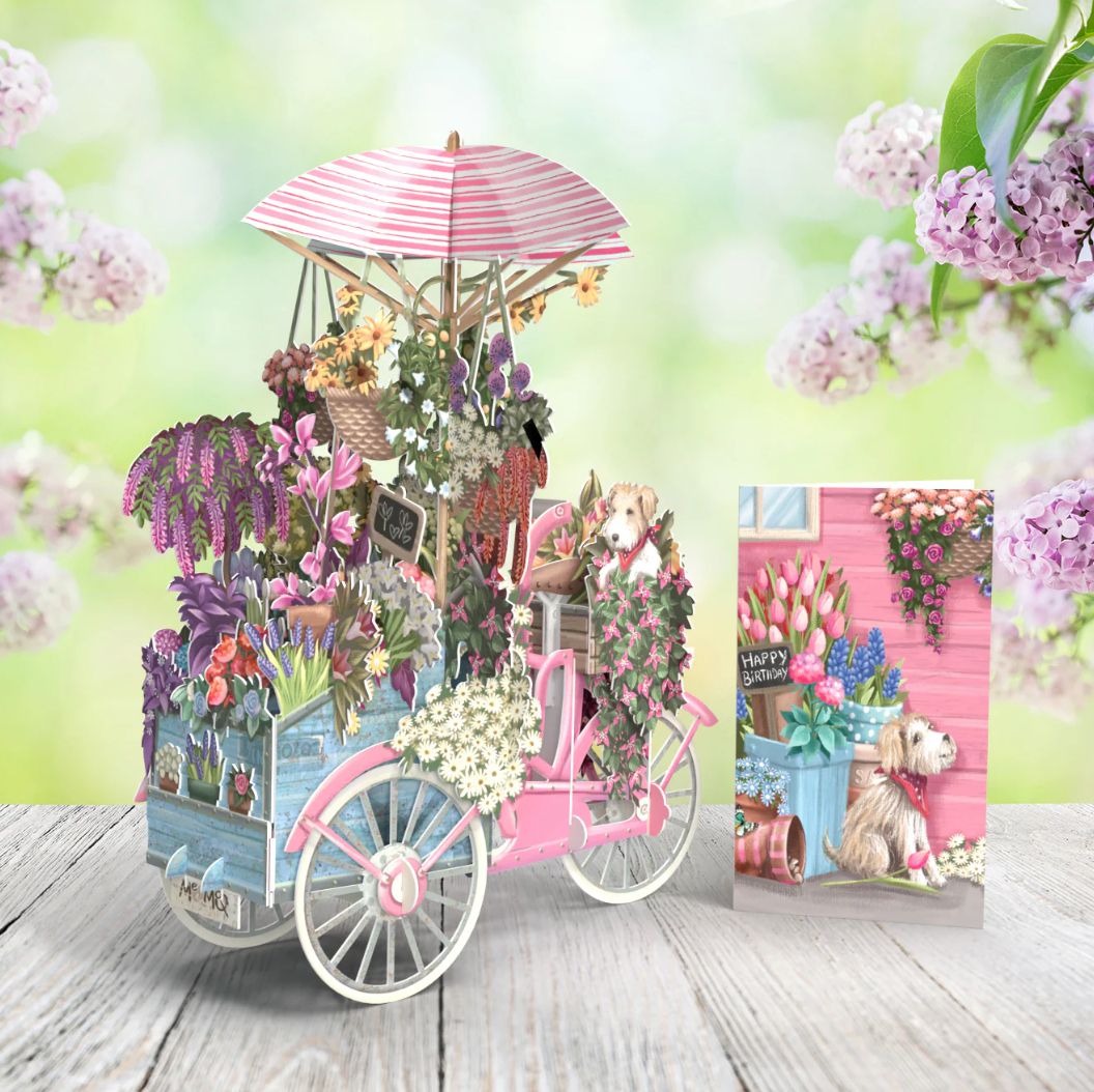 The Flower Seller's PINK Bicycle - 3D Pop Up Greetings Card