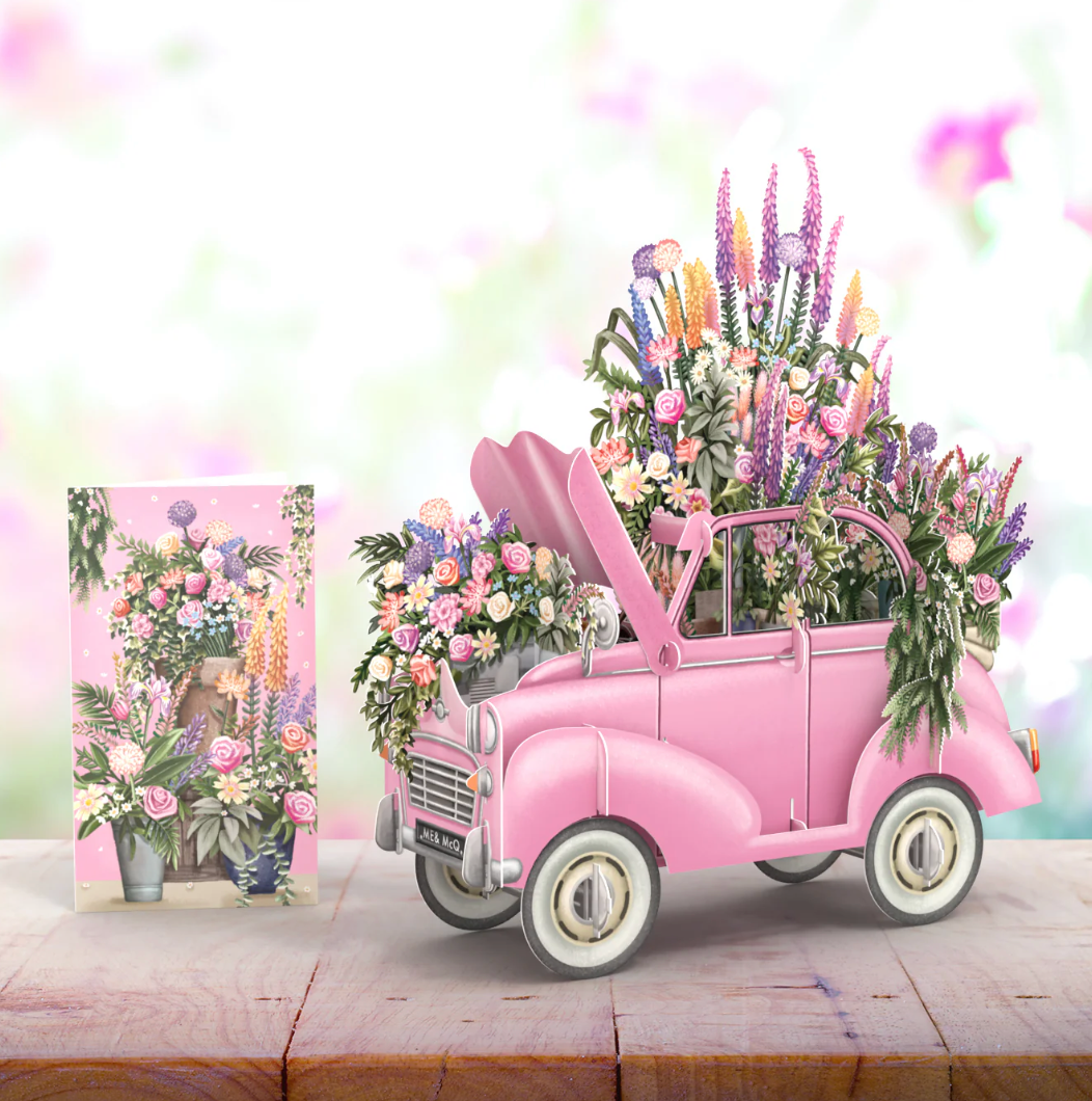 The Pink Flower Car - 3D Pop Up Greetings Card
