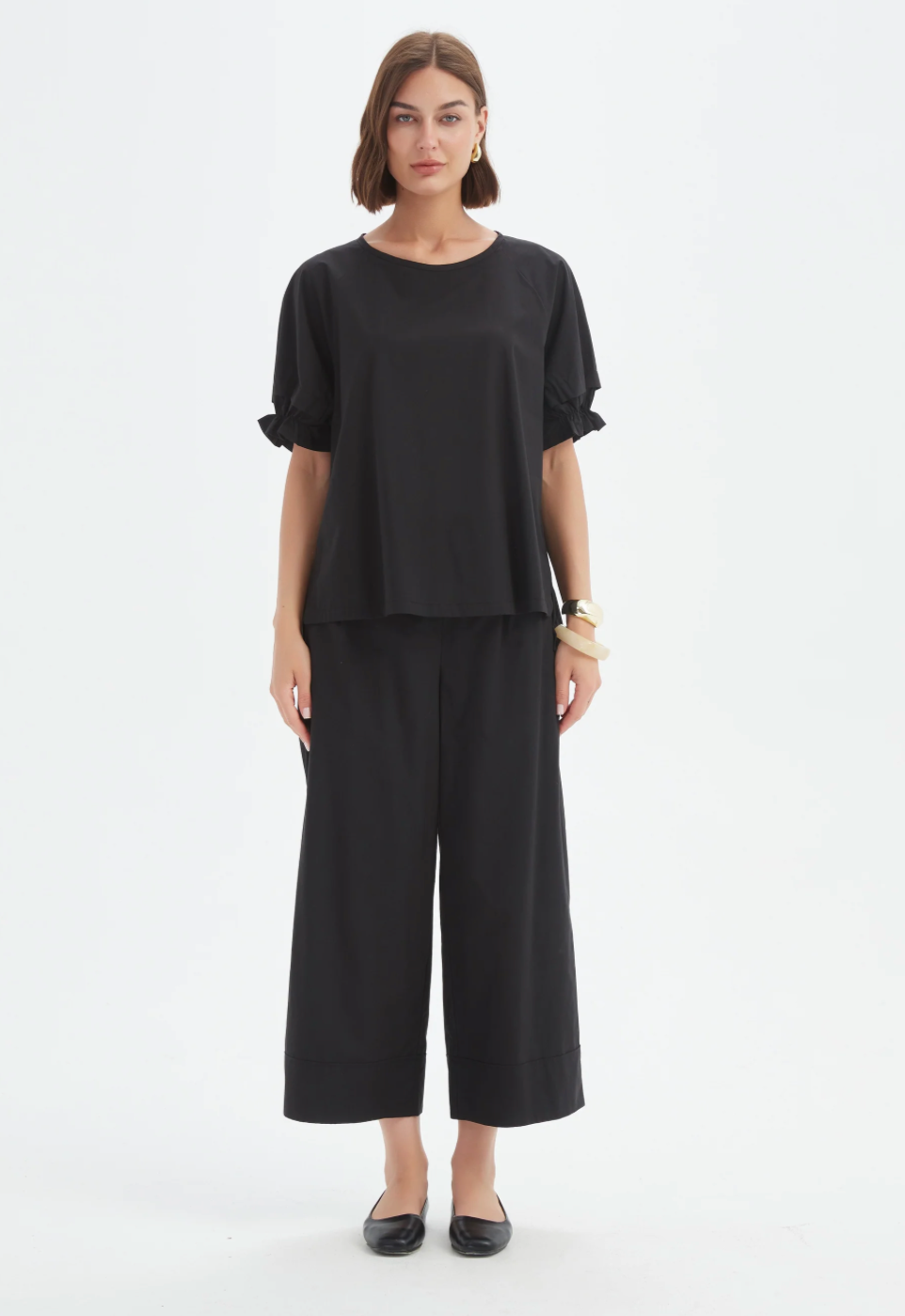 Ruffle Sleeve Lyocell Top - Black