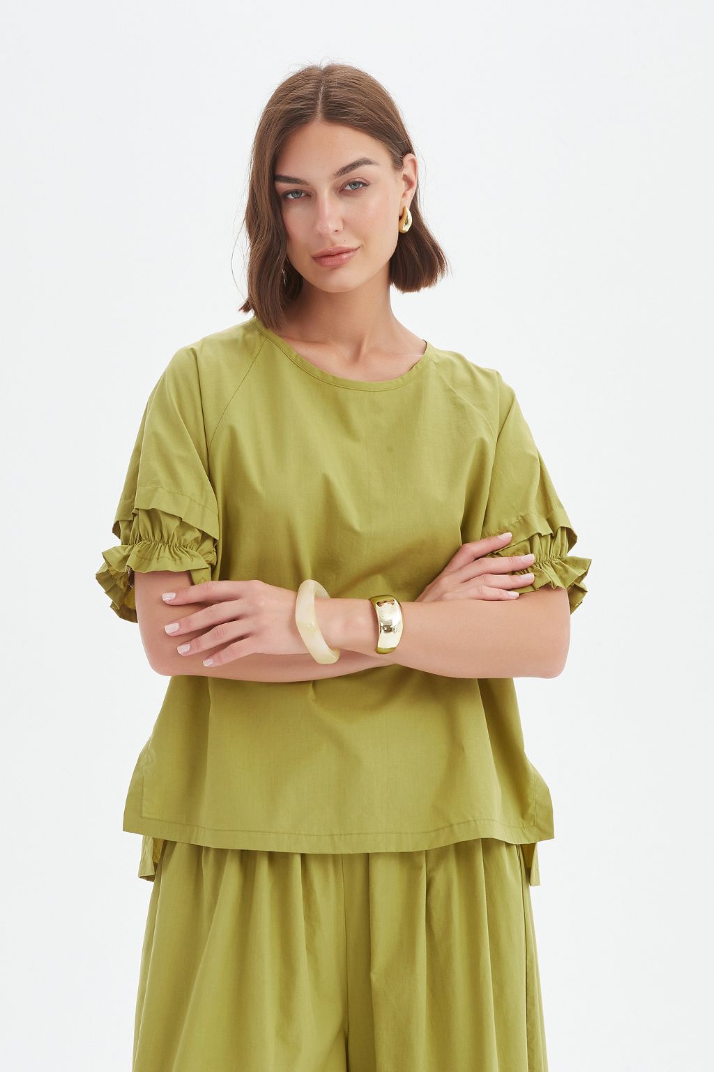 Ruffle Sleeve Lyocell Top - Spilt Pea