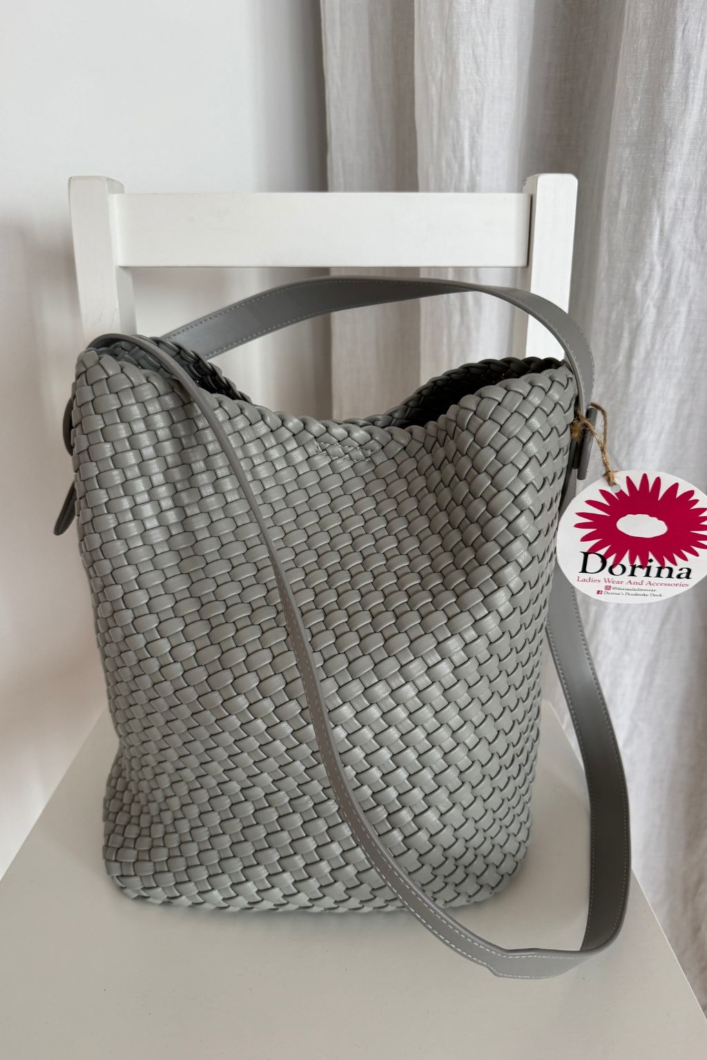 Woven Tote Bag with Matching Pouch - Grey