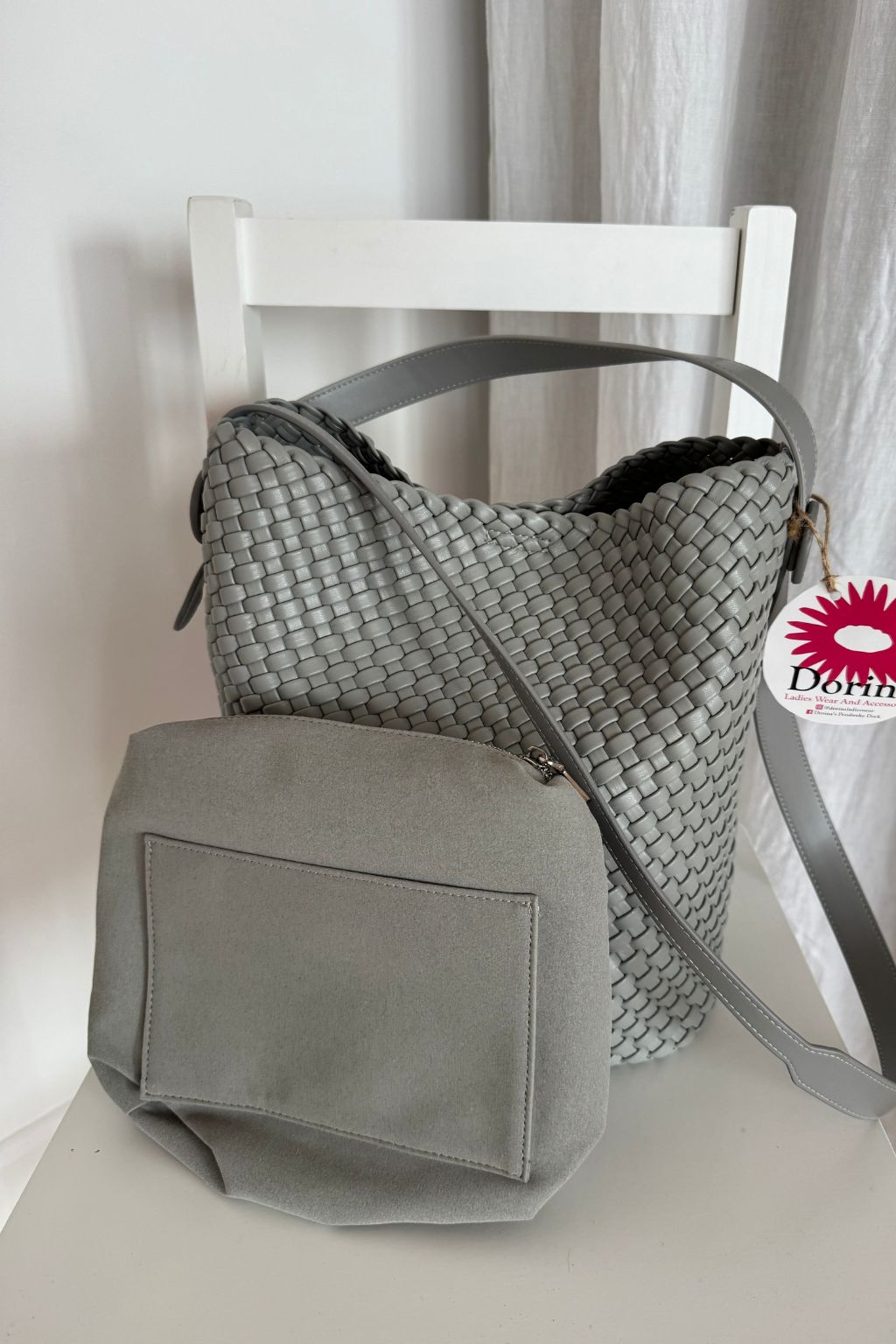 Woven Tote Bag with Matching Pouch - Grey