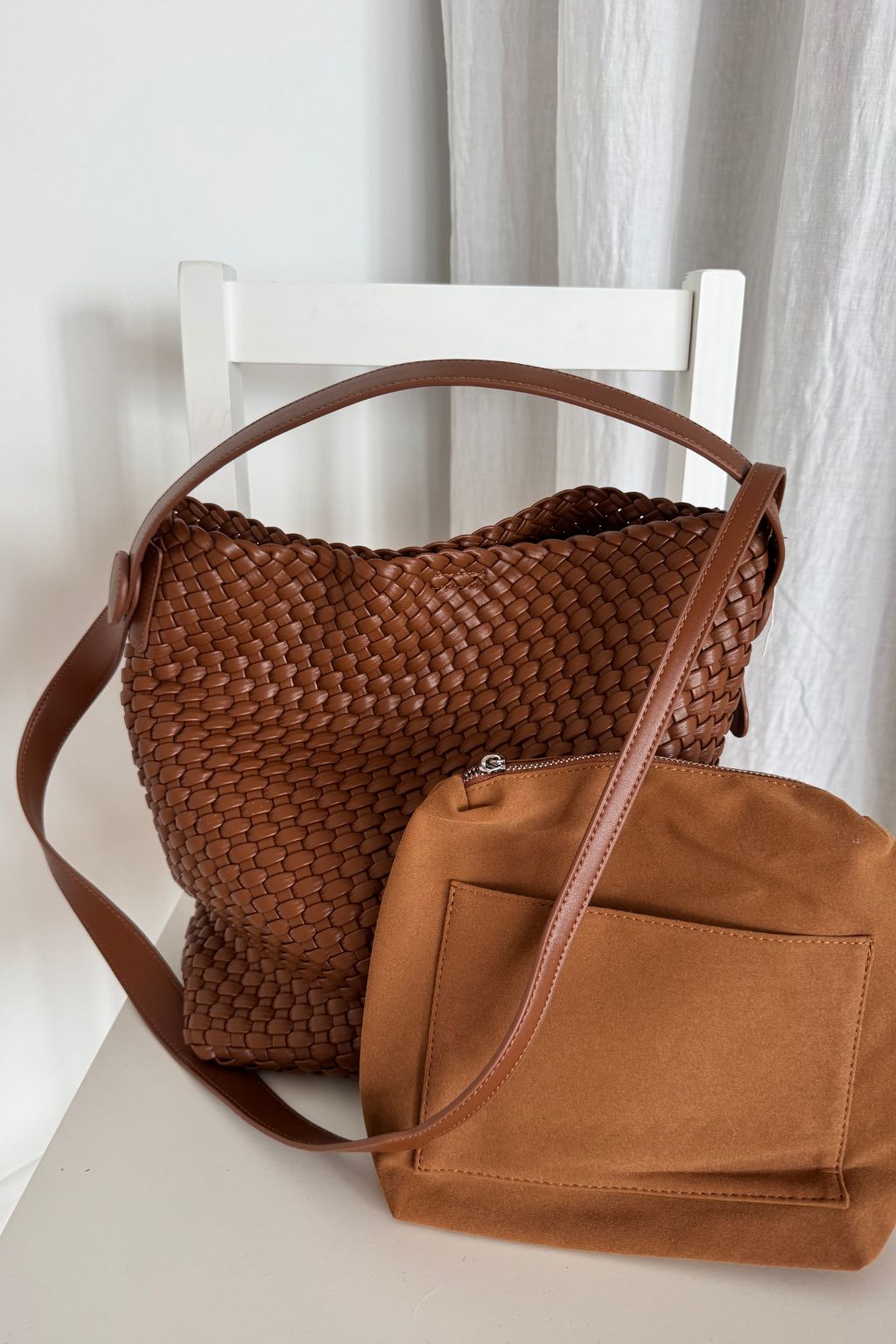 Woven Tote Bag with Matching Pouch - Tan