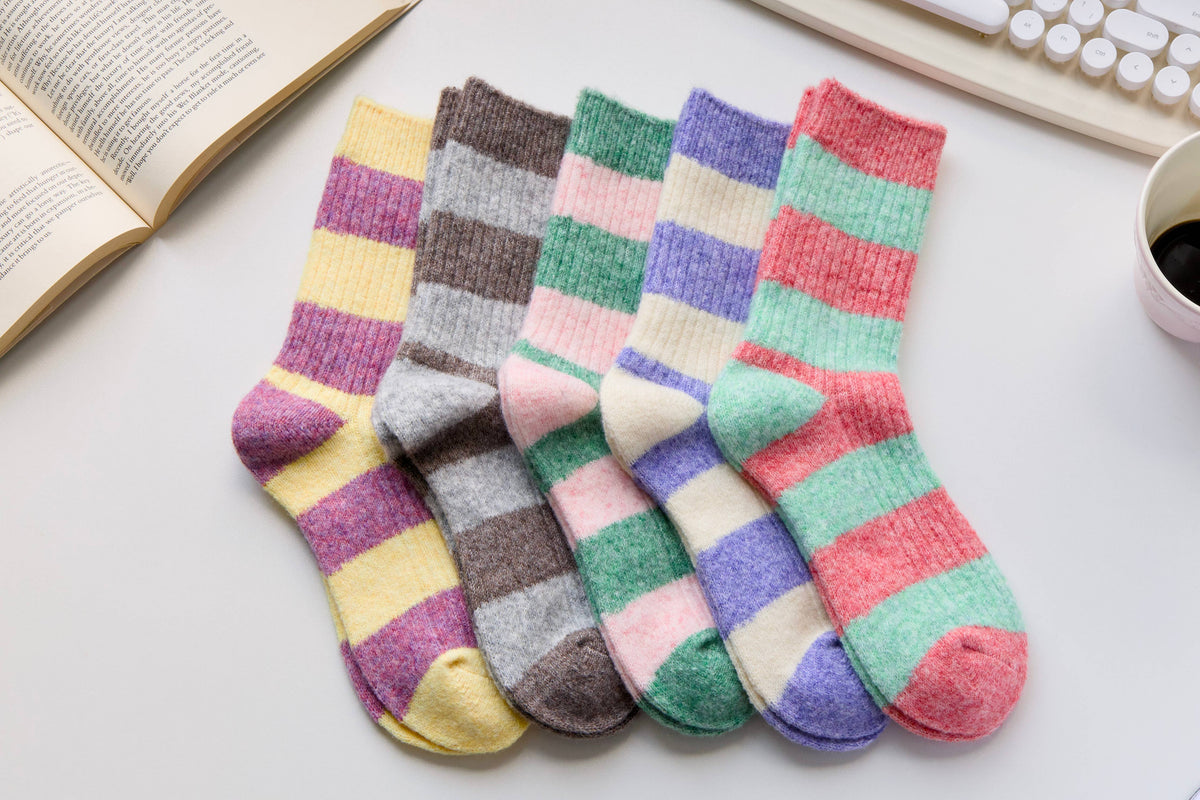 Warm Cashmere & Wool Blend Socks – Striped Winter Style: Brown/Grey