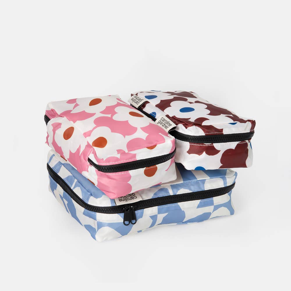 Blue Checkmate Heart/Flowers Set of 3 Small Packing Cubes