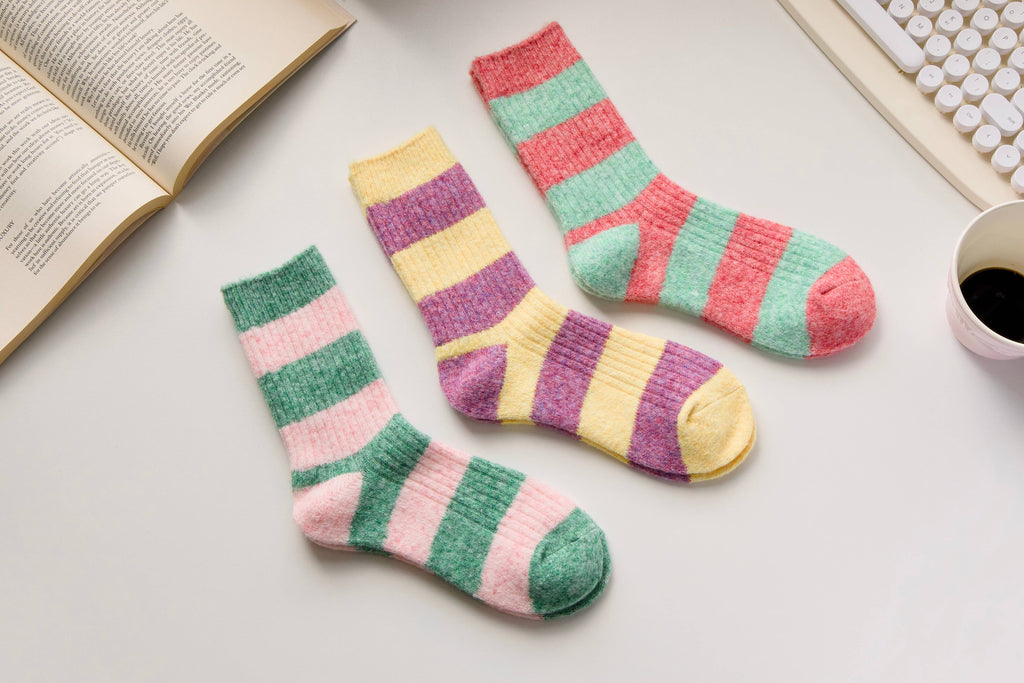 Warm Cashmere & Wool Blend Socks – Striped Winter Style: Yellow/Purple