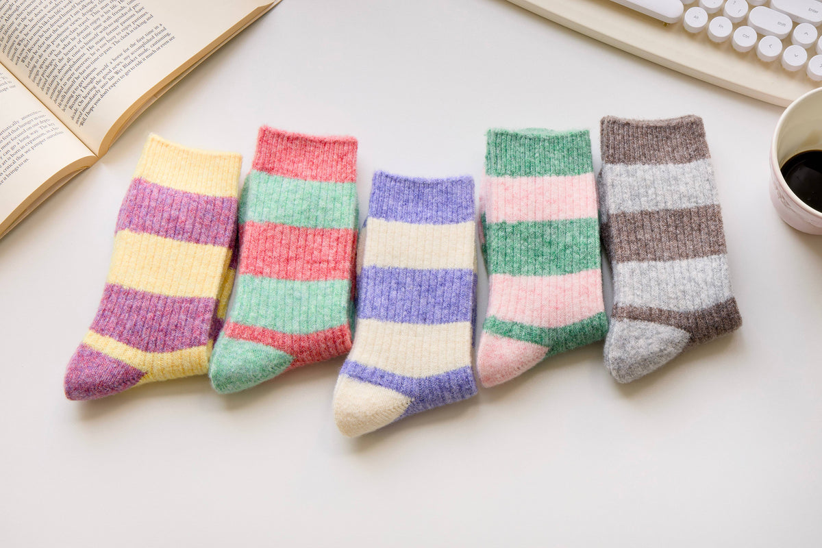 Warm Cashmere & Wool Blend Socks – Striped Winter Style: Blue/Cream