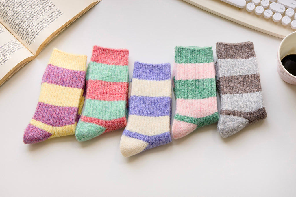 Warm Cashmere & Wool Blend Socks – Striped Winter Style: Green/Pink