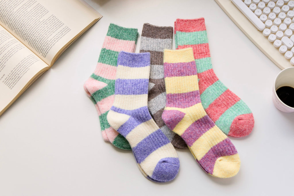 Warm Cashmere & Wool Blend Socks – Striped Winter Style: Brown/Grey