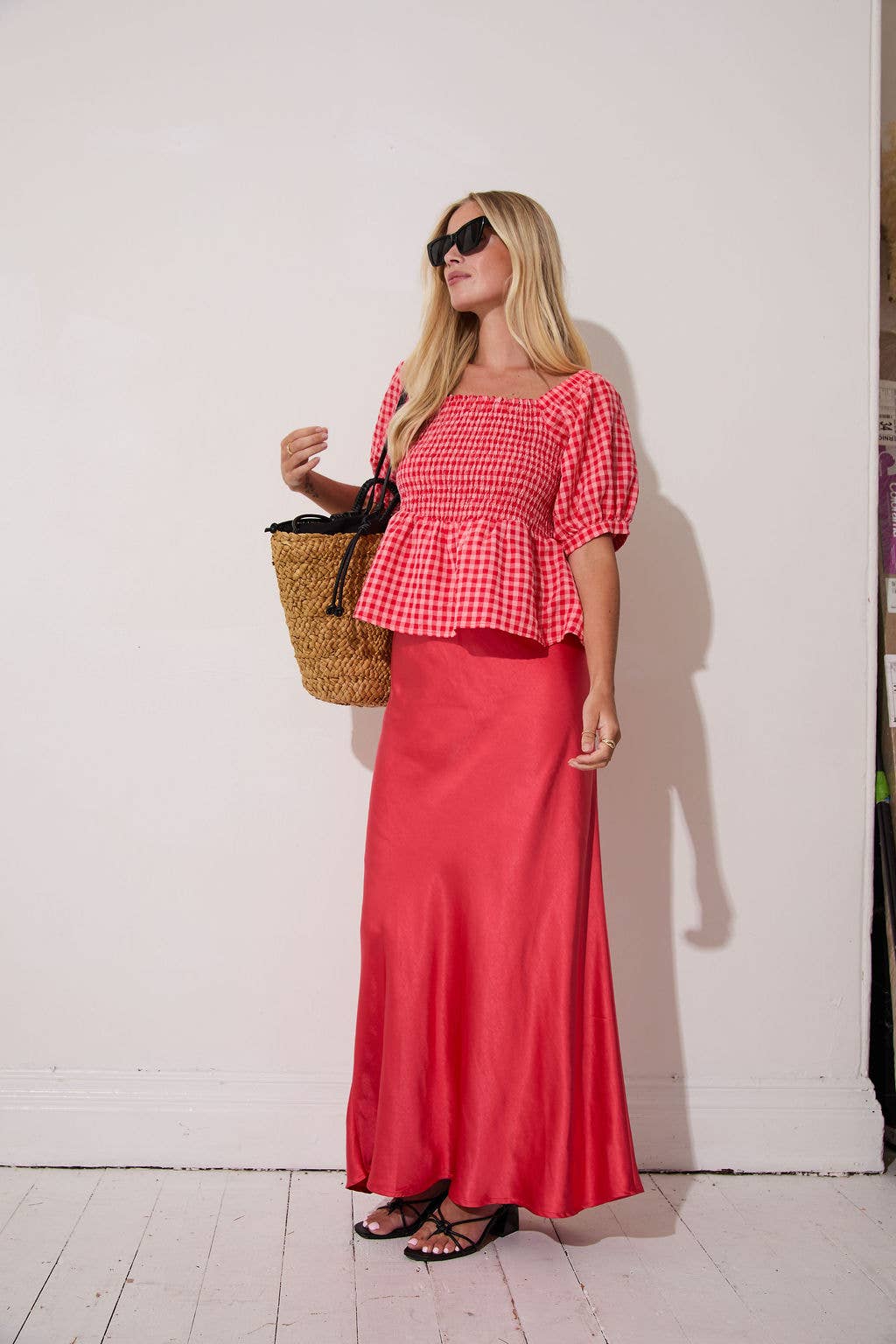 Lea Smocked Gingham Top: Red
