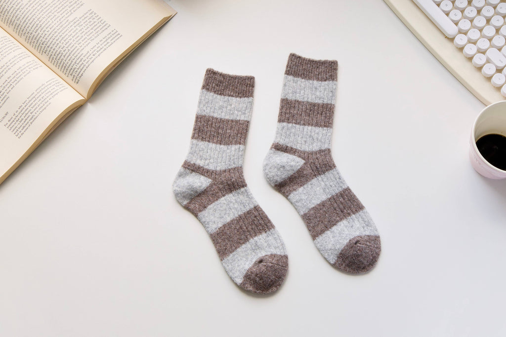 Warm Cashmere & Wool Blend Socks – Striped Winter Style: Yellow/Purple