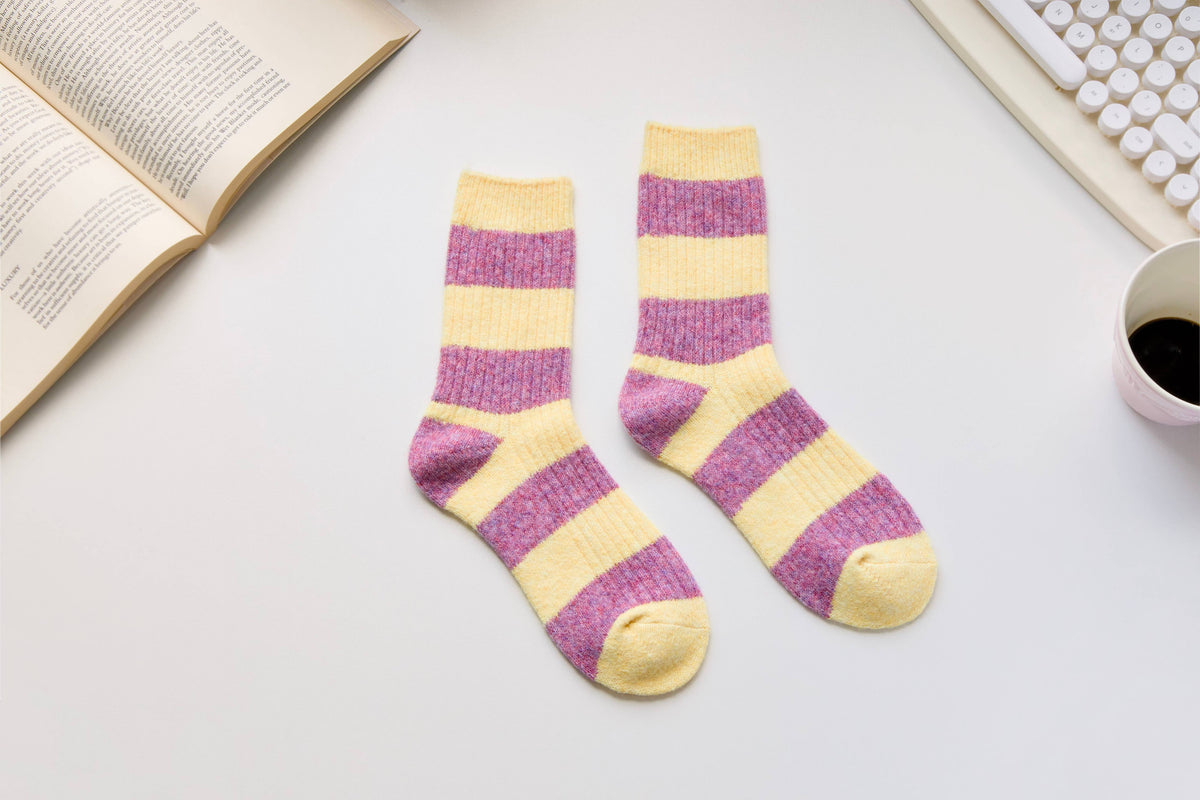 Warm Cashmere & Wool Blend Socks – Striped Winter Style: Blue/Cream