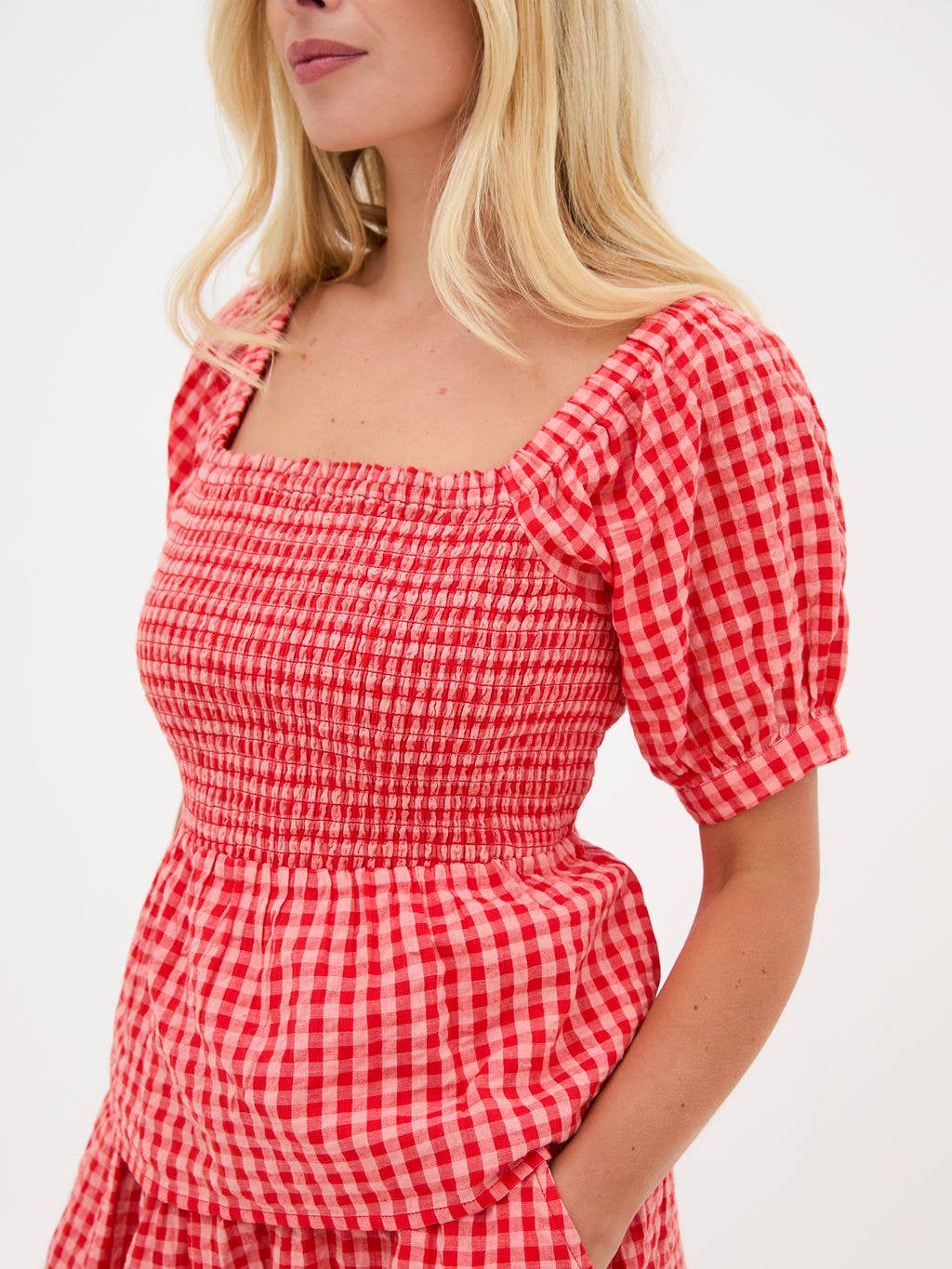 Lea Smocked Gingham Top: Red
