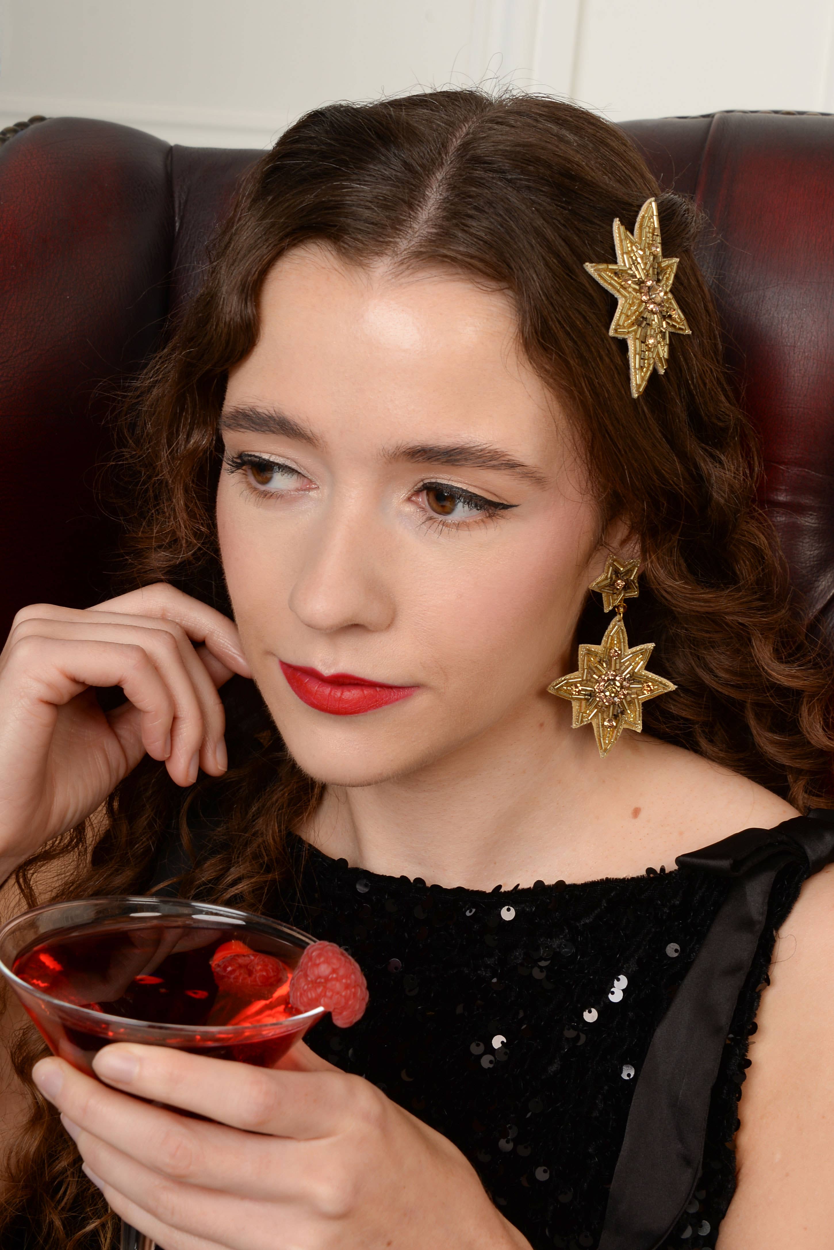 LARGE GOLD DOUBLE STAR DROPS EARRINGS