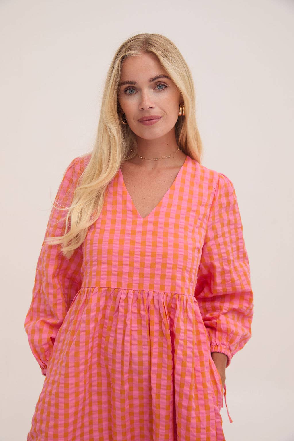 Lina Orange & Pink Gingham Dress: Orange