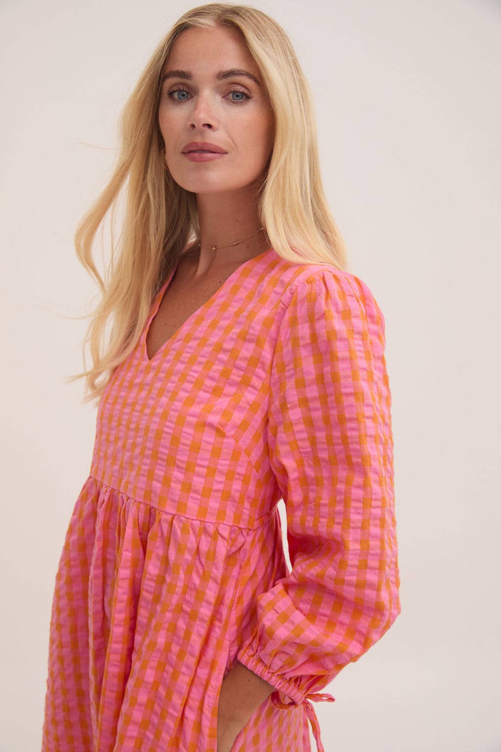 Lina Orange & Pink Gingham Dress: Orange