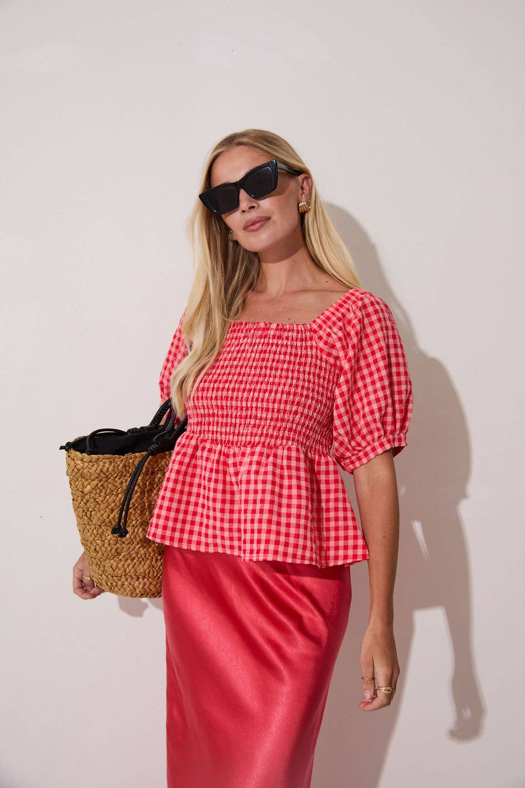 Lea Smocked Gingham Top: Red