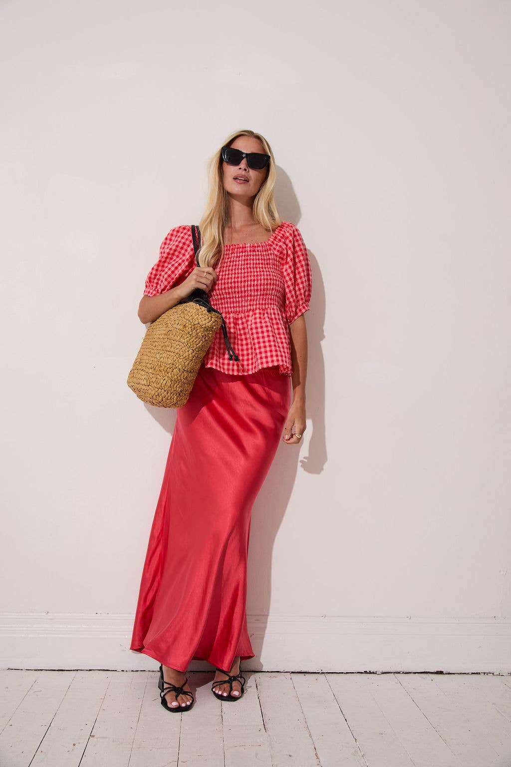 Lea Smocked Gingham Top: Red