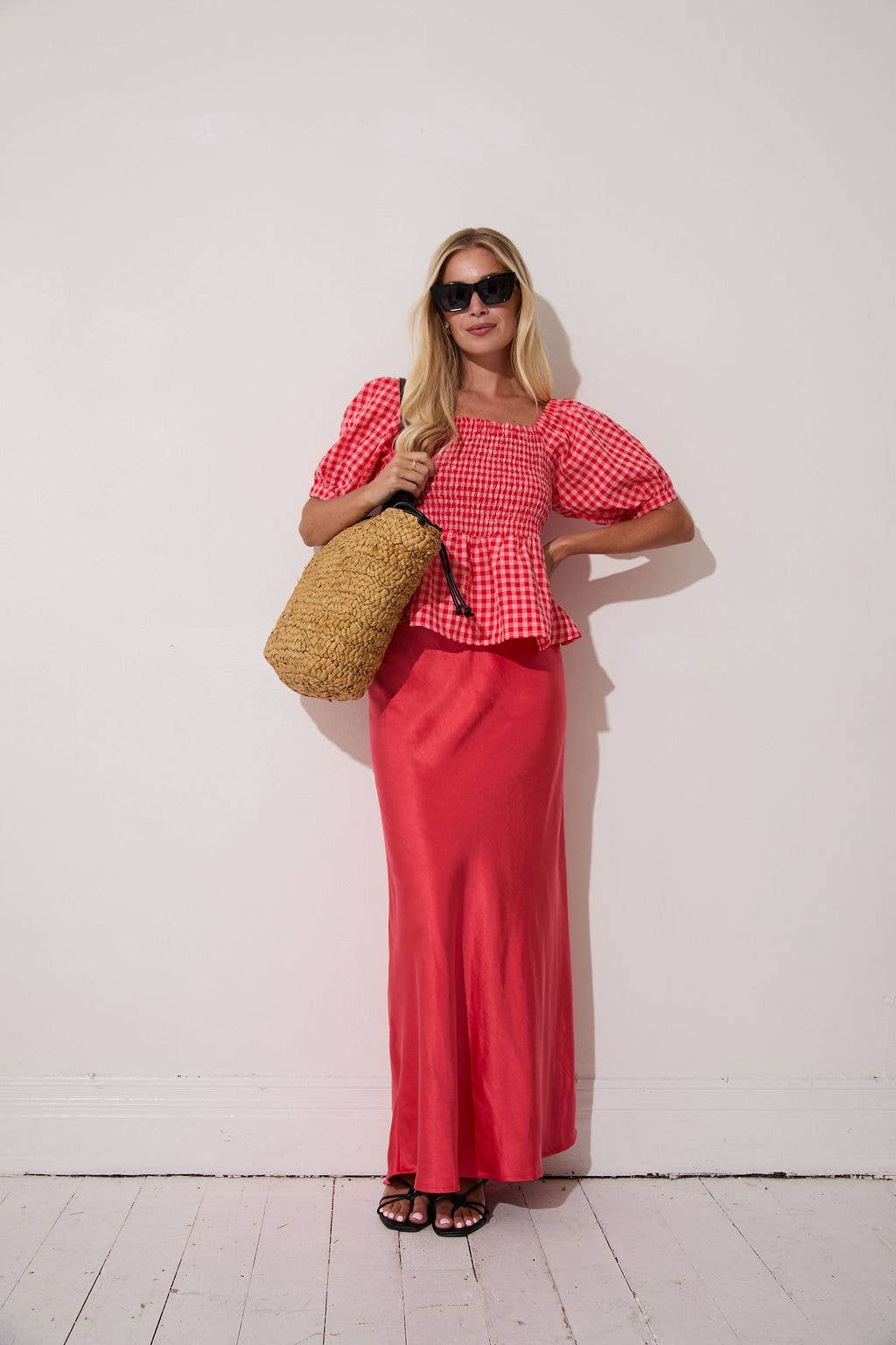 Lea Smocked Gingham Top: Red